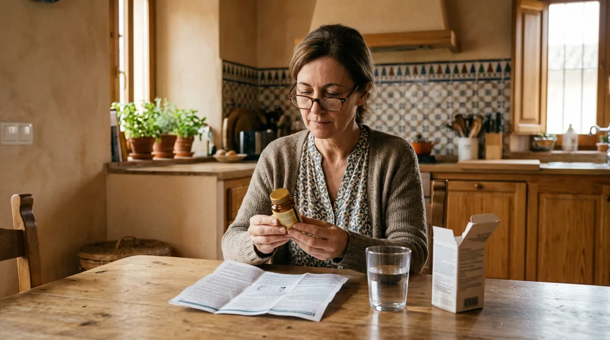 Mujer leyendo la etiqueta de un complemento alimenticio