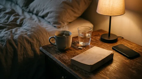 Mesita de noche con infusión y una cápsula