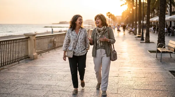 Dos mujeres paseando junto al mar al atardecer